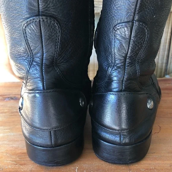 Zara Tall Black Textured Leather Low Heel Back Buckle Side Zip Riding Boots 9
